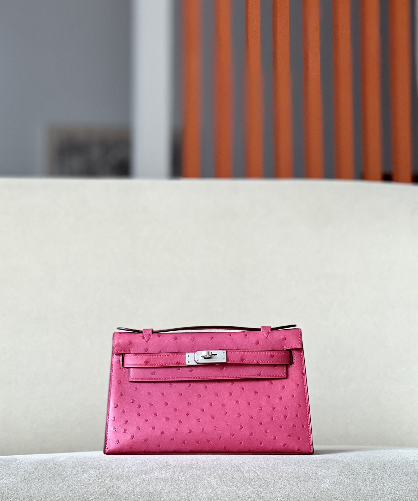 HSC-215936C6ECC2 Kelly Pochette Ostrich Vermillon (5E) Palladium Hardware - Image 1