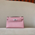 Kelly Pochette Ostrich Rose Sakura (3Q) Palladium Hardware