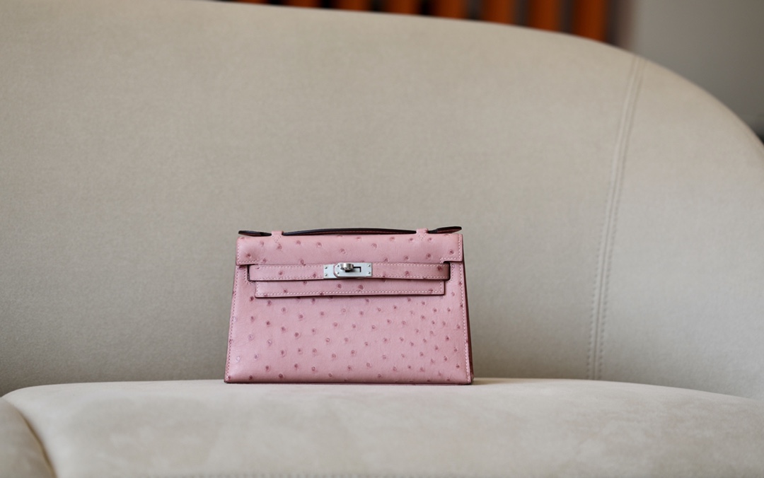 HSC-C9FD5C5CBD84 Kelly Pochette Ostrich Rose Sakura (3Q) Palladium Hardware - Image 1