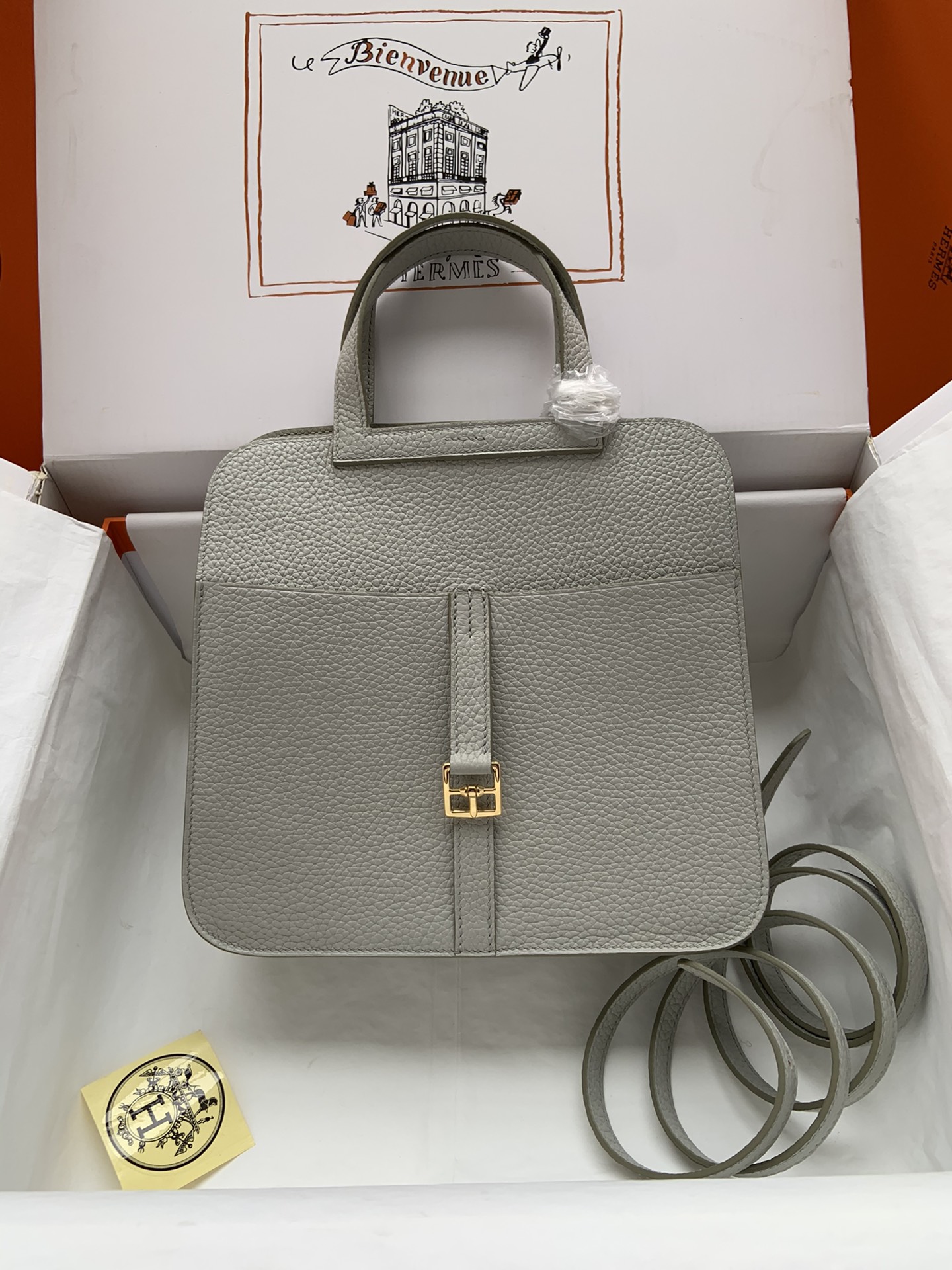 HSC-CA0BF6A5553C Hermes Halzan 25 Clemence Gris Perle (80) Gold Hardware - Image 1
