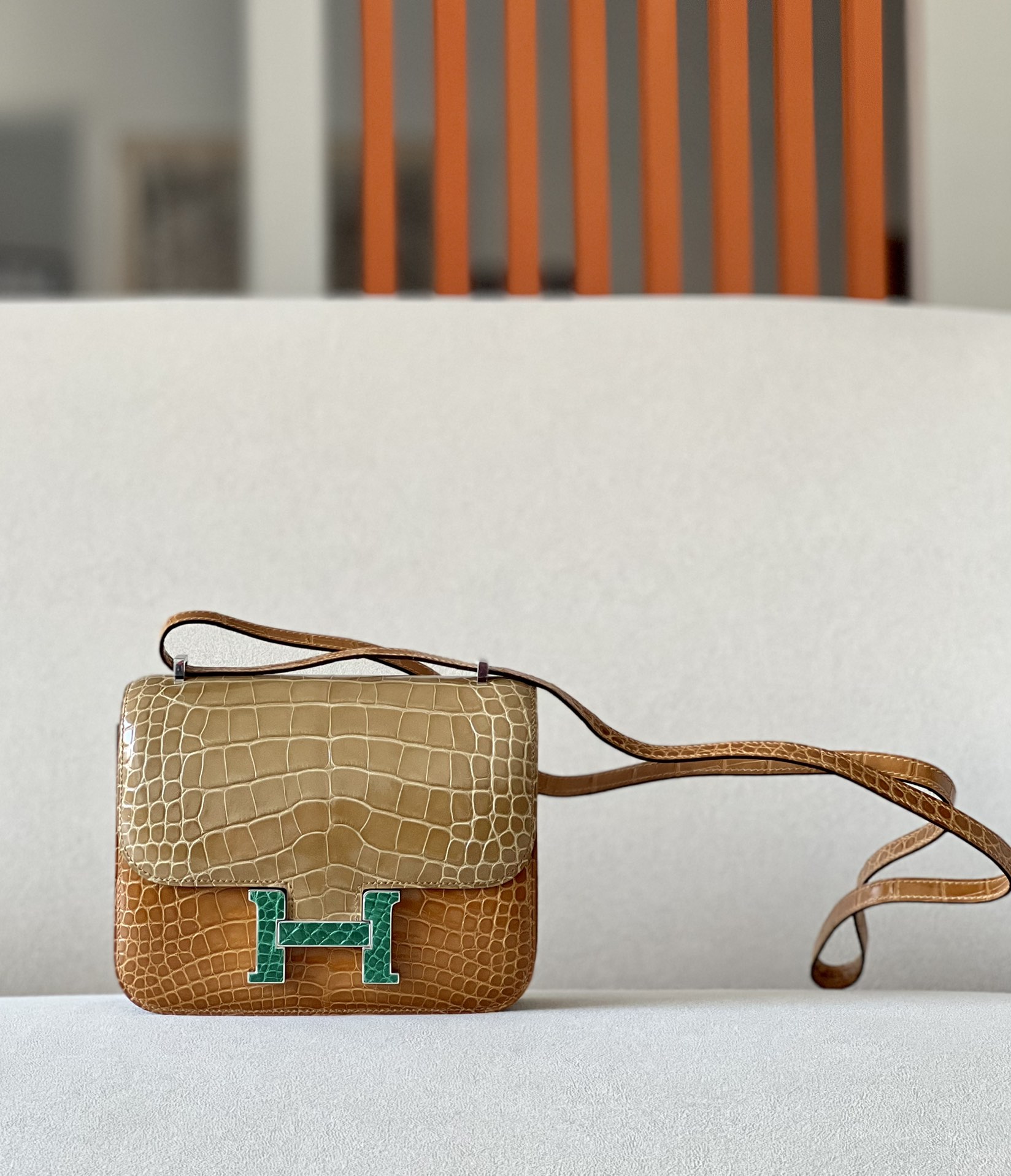 HSC-EF05646915E8 Constance 19 HSS Matte Alligator Caremel (28),Beige Sable(1I) And Vert Cactus(1L) Crocs Hardware - Image 1