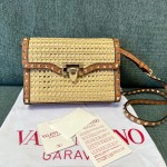 Valentino SMALL ROCKSTUD SHOULDER BAG IN WOVEN RAFFIA